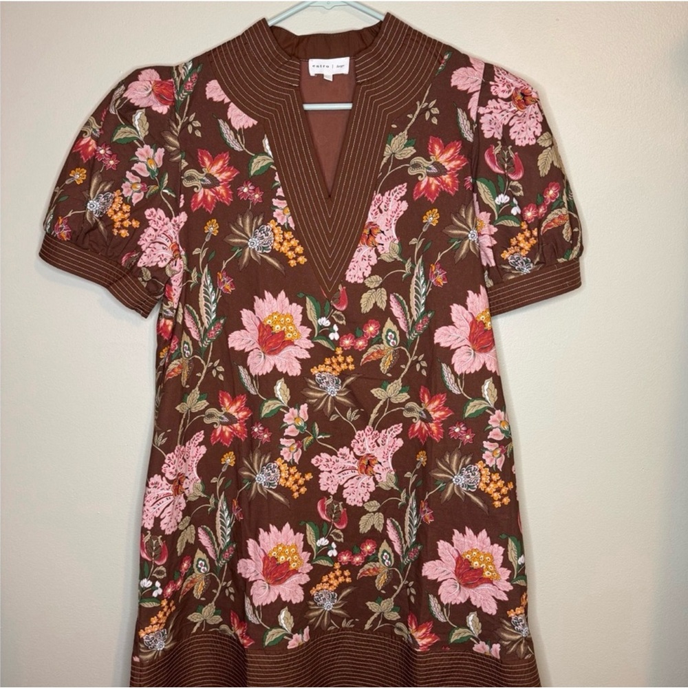 entro Brown Floral V-Neck Puff Sleeve Dress Size Large - Picture 3 of 5